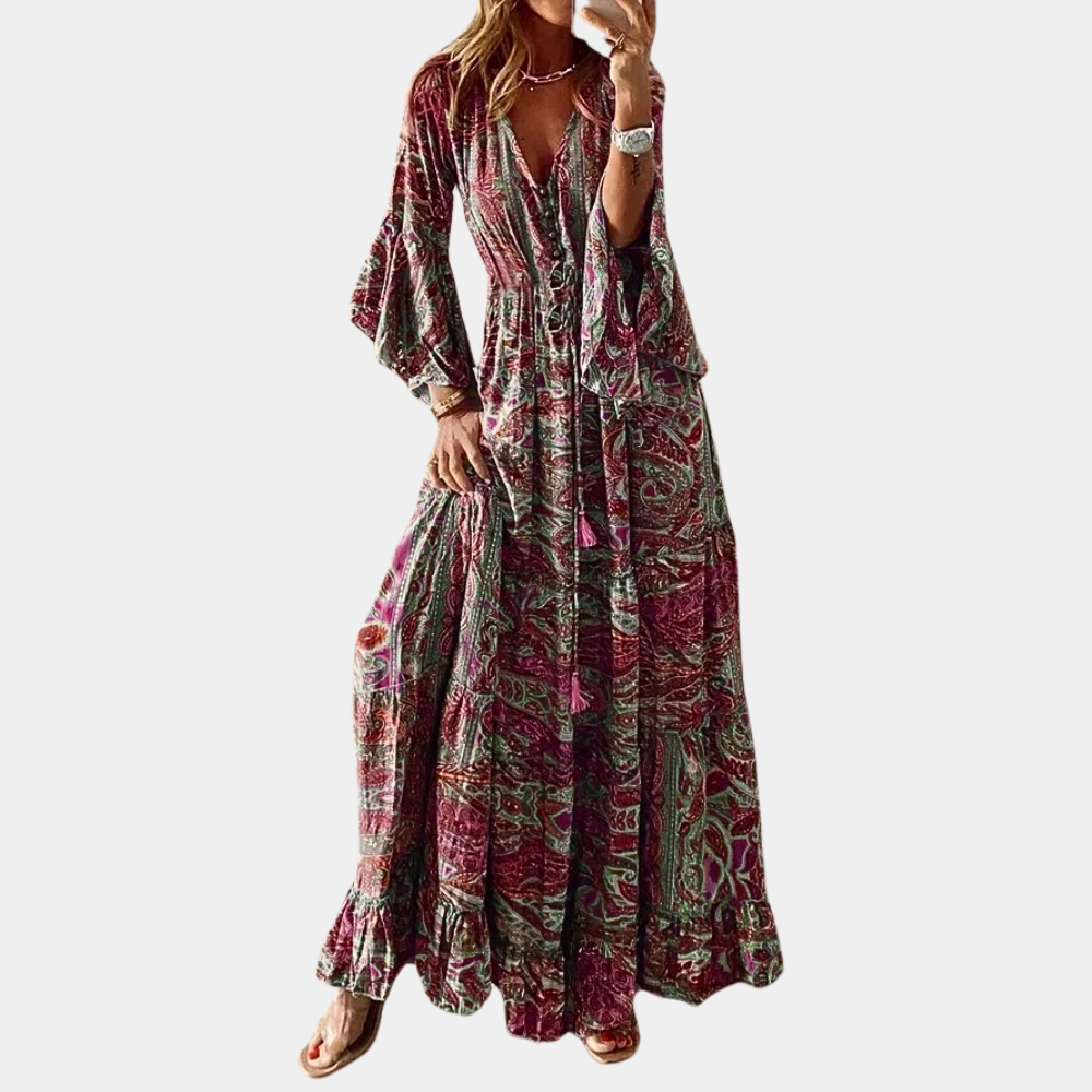 Bohemian Maxi Dress Floral Bell Sleeve V-Neck Design - Product detail 6