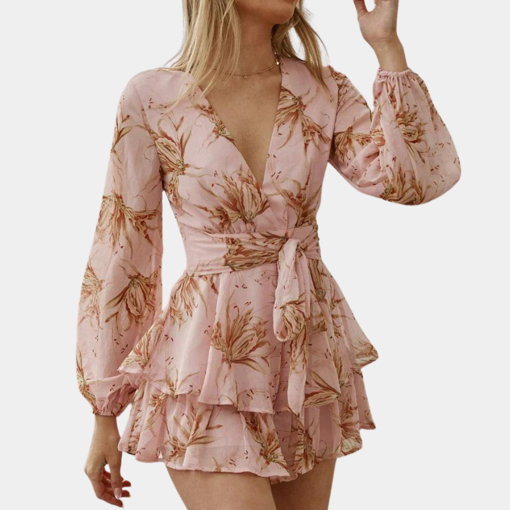 Romantic Floral Mini Dress Blush Pink Wrap Design With Balloon Sleeves - Product detail 5