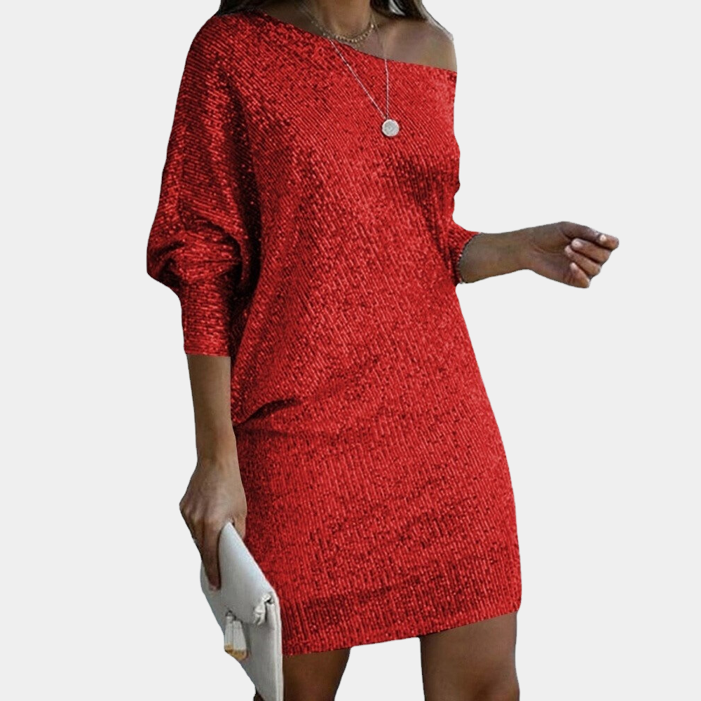 Sequin Cocktail Dress Off-Shoulder Metallic Design - Detailed view