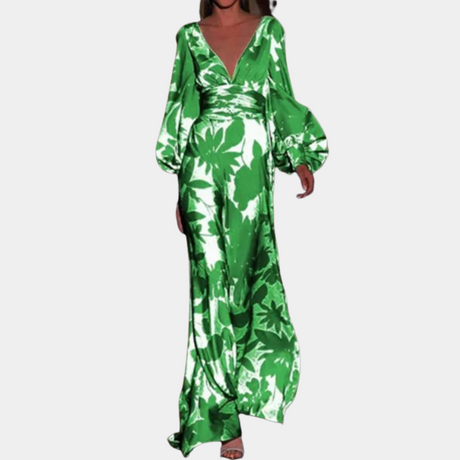 Tropical Maxi Dress  Emerald Palm Print with Balloon Sleeves - Product detail 5