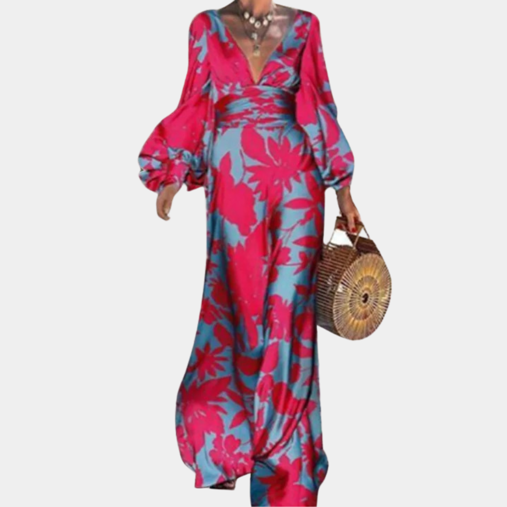 Tropical Maxi Dress Emerald Palm Print with Balloon Sleeves - Detailed view