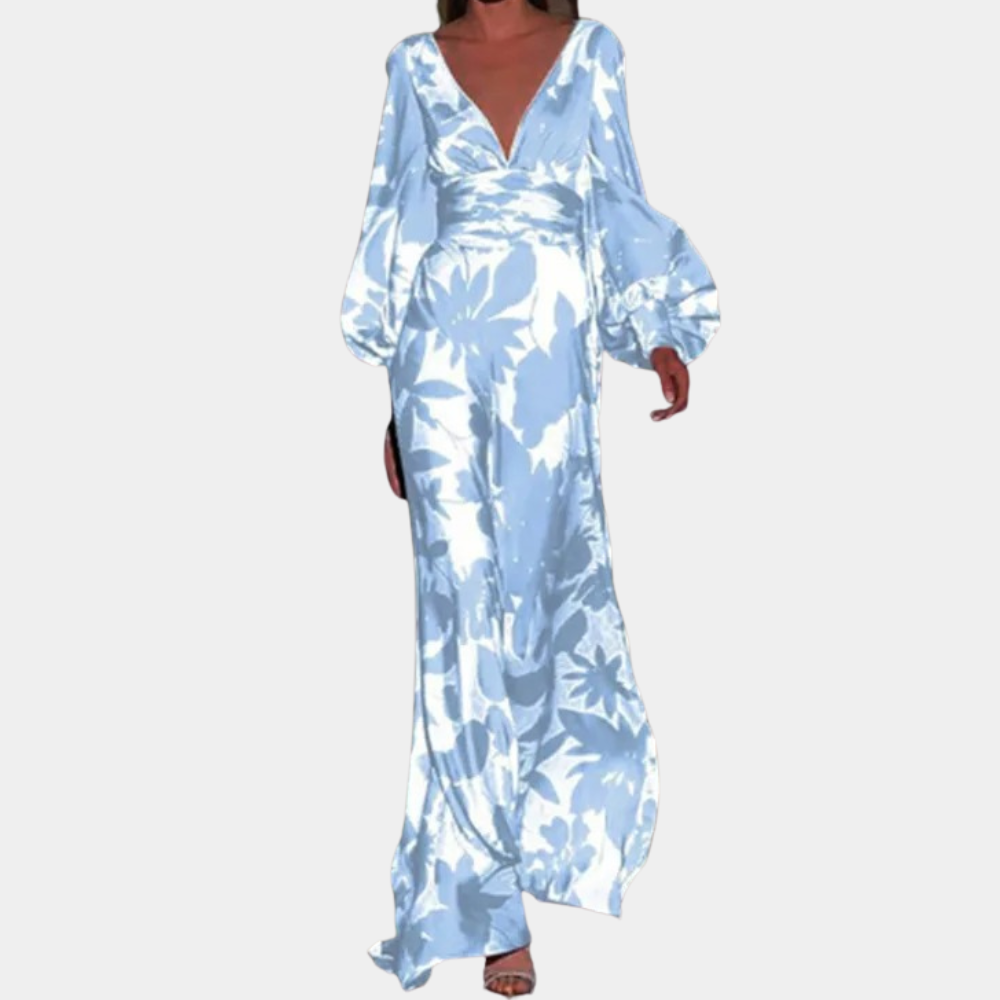 Tropical Maxi Dress Emerald Palm Print with Balloon Sleeves - Product example