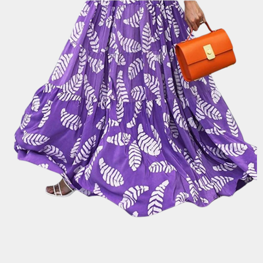 Botanical Maxi Dress Ruffled Sleeve Purple Leaf Print - Detailed view