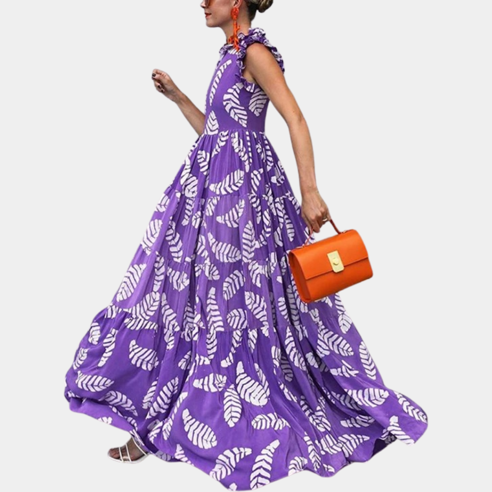 Botanical Maxi Dress Ruffled Sleeve Purple Leaf Print - Product example