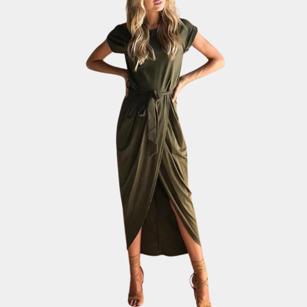 Draped Midi Dress Olive Green Wrap Design - Product showcase