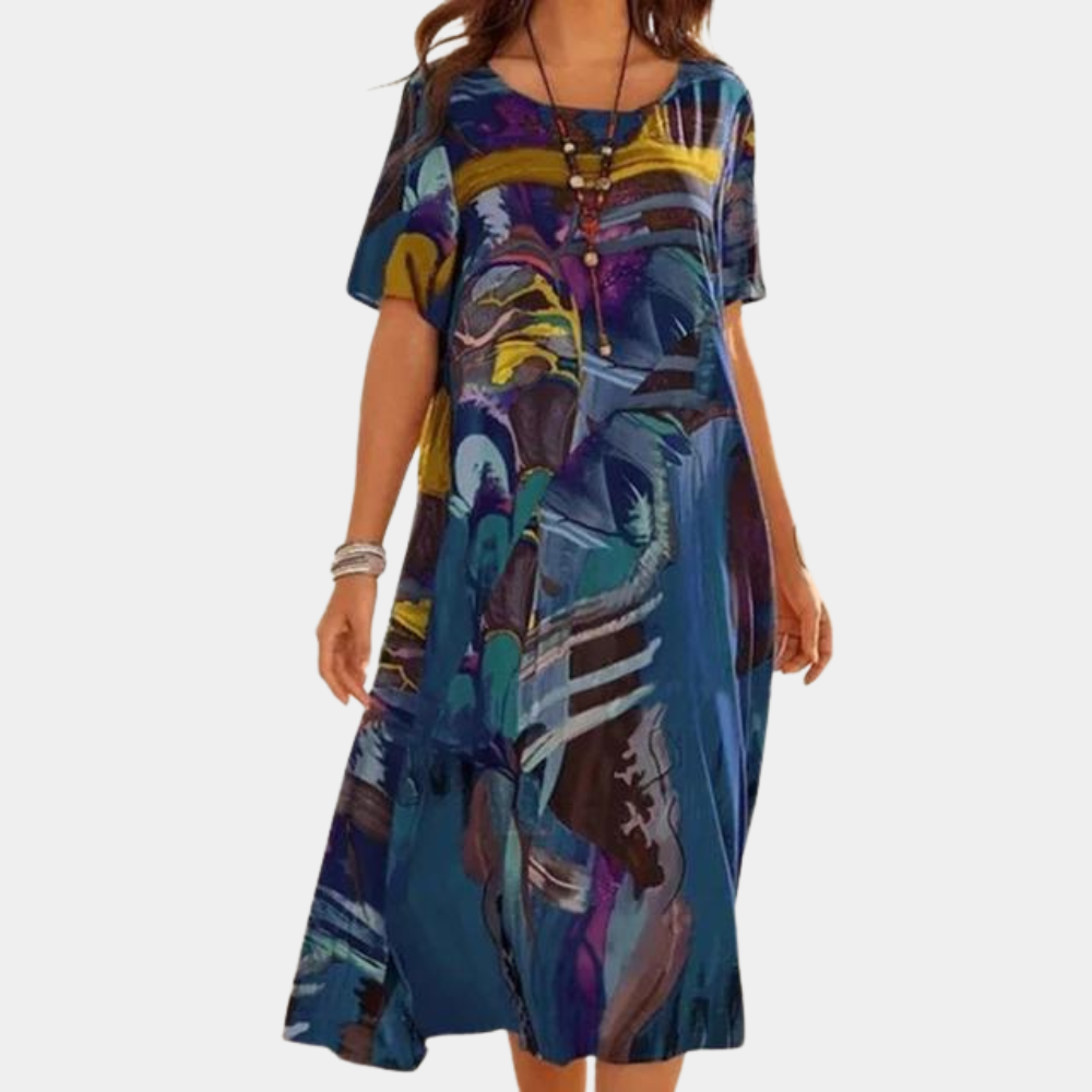 Artistic Cotton Midi Dress Abstract Watercolor Print - Product detail 5