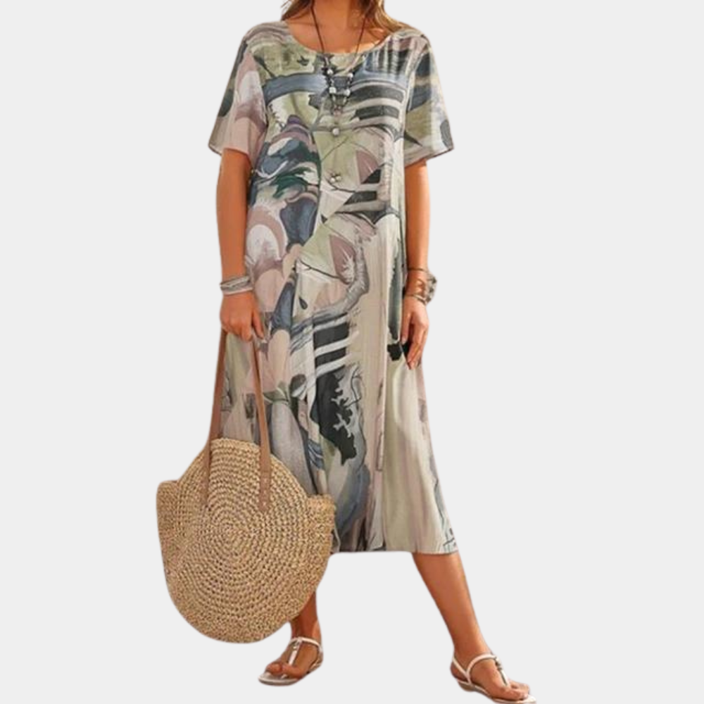Artistic Cotton Midi Dress Abstract Watercolor Print - Product detail 6