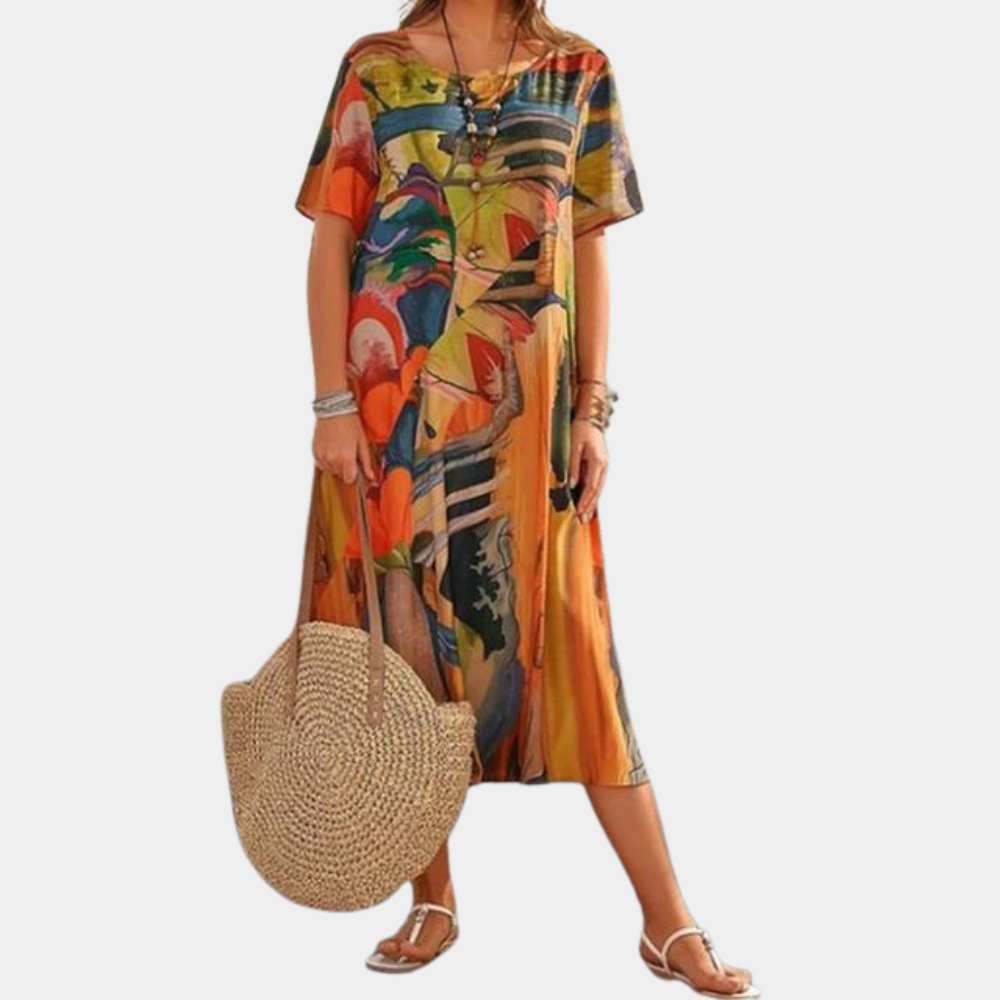 Artistic Cotton Midi Dress Abstract Watercolor Print - Product detail 4