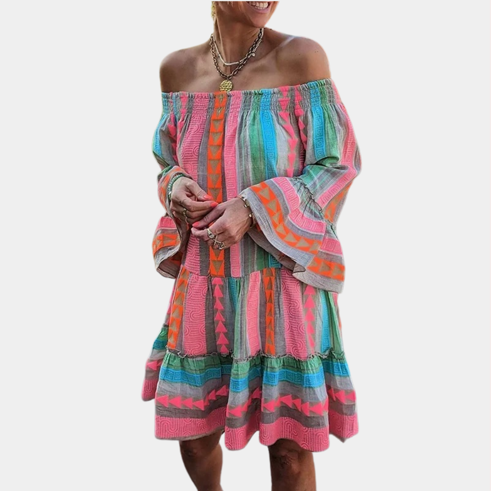 Bohemian Off Shoulder Dress Geometric Print Cotton Blend - Detailed view