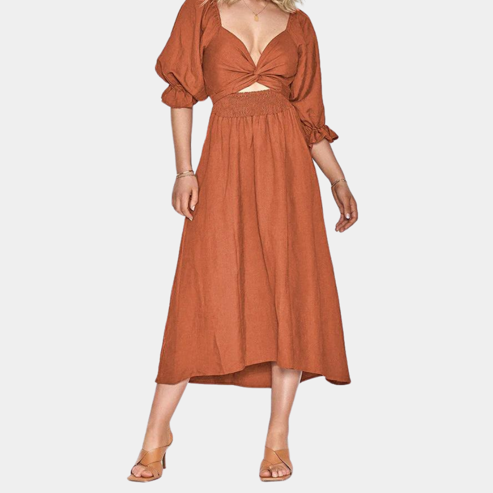 Cotton Maxi Dress Square Neck Smocked Bodice with Puff Sleeves - Detailed view