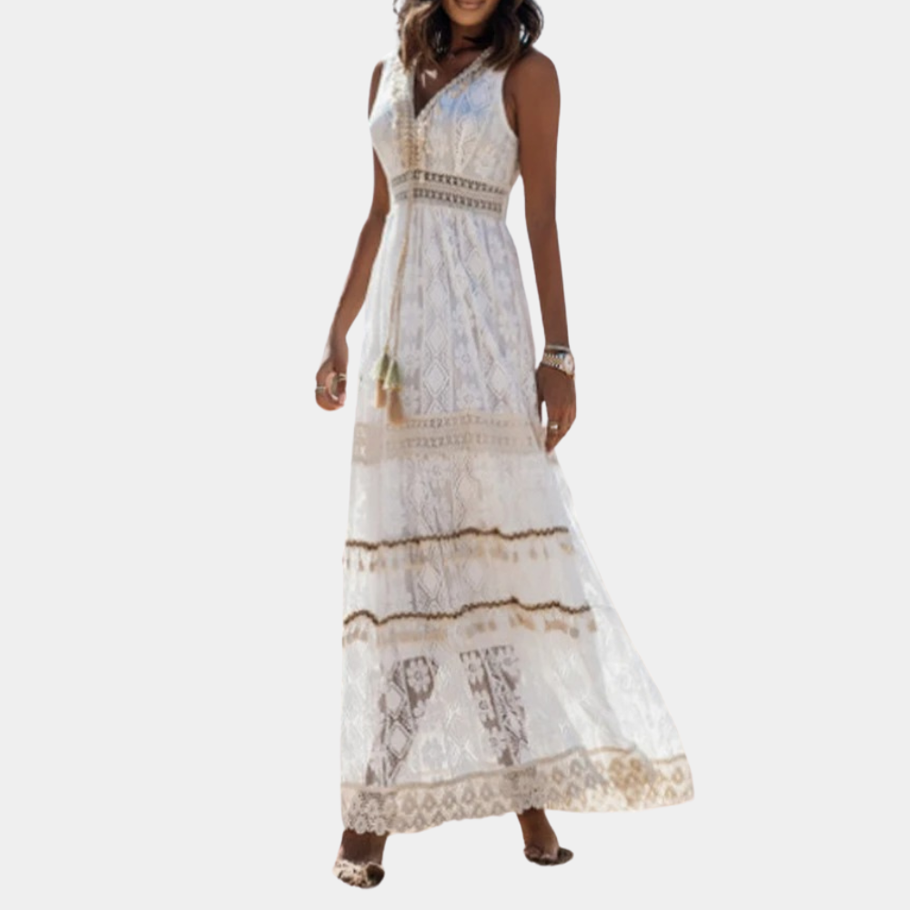 Bohemian Lace Maxi Dress V-Neck Embroidered Summer Design - Product example