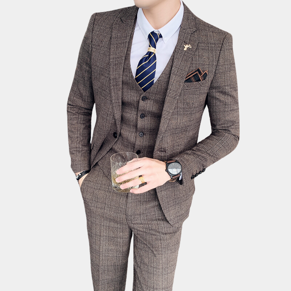 Classic Plaid Three Piece Suit Business Professional Slim Fit - Detailed view