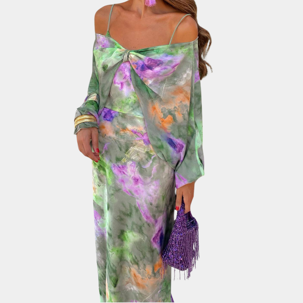 Tie Dye Maxi Dress Watercolor Print Cold Shoulder Design - Product showcase
