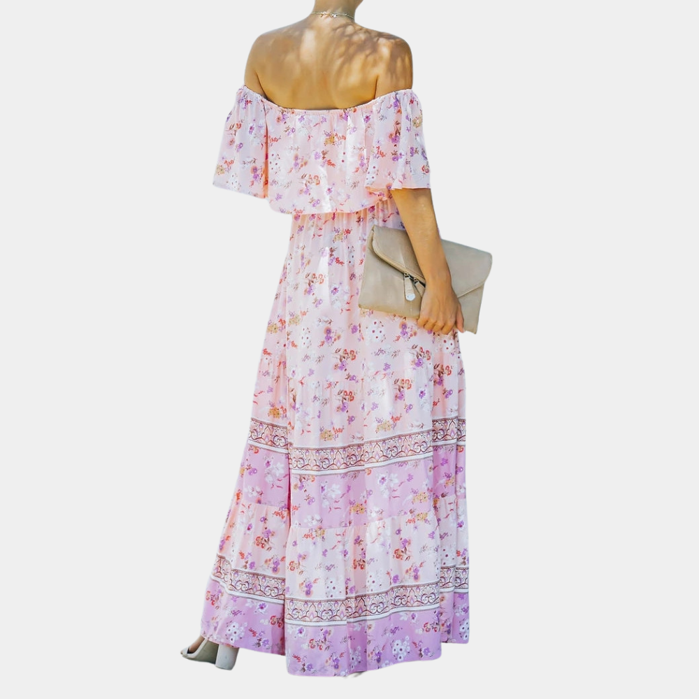Tie Dye Maxi Dress Watercolor Print Cold Shoulder Design - Detailed view
