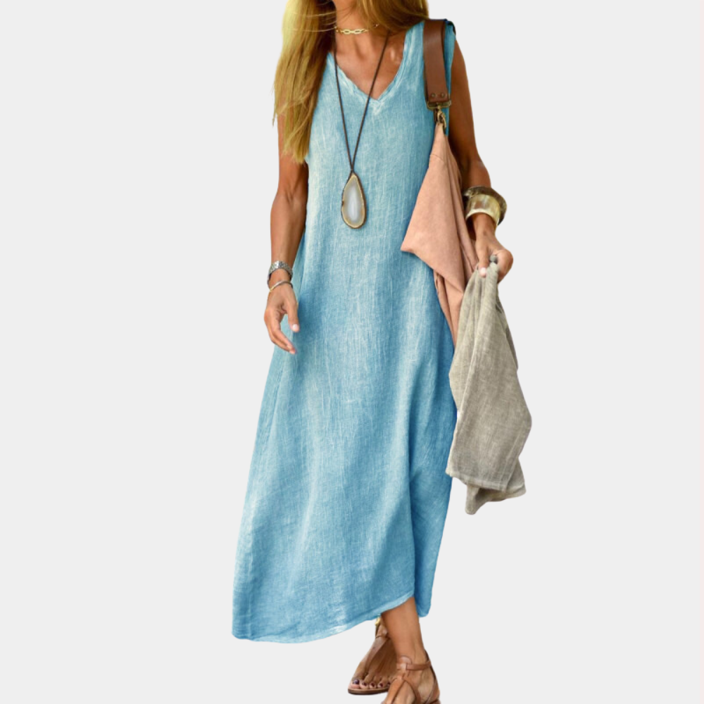 Linen V-Neck Maxi Dress Casual Summer Long Dress - Product detail 8