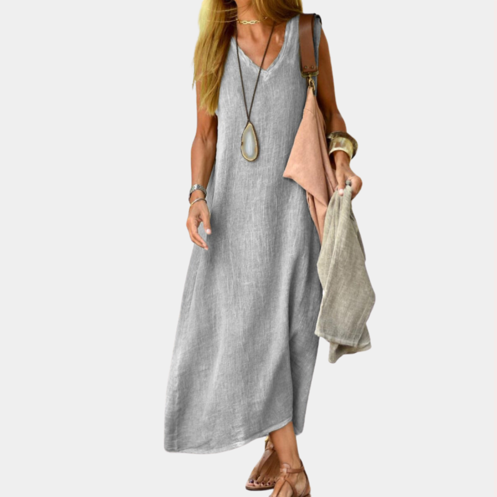Linen V-Neck Maxi Dress Casual Summer Long Dress - Product detail 9