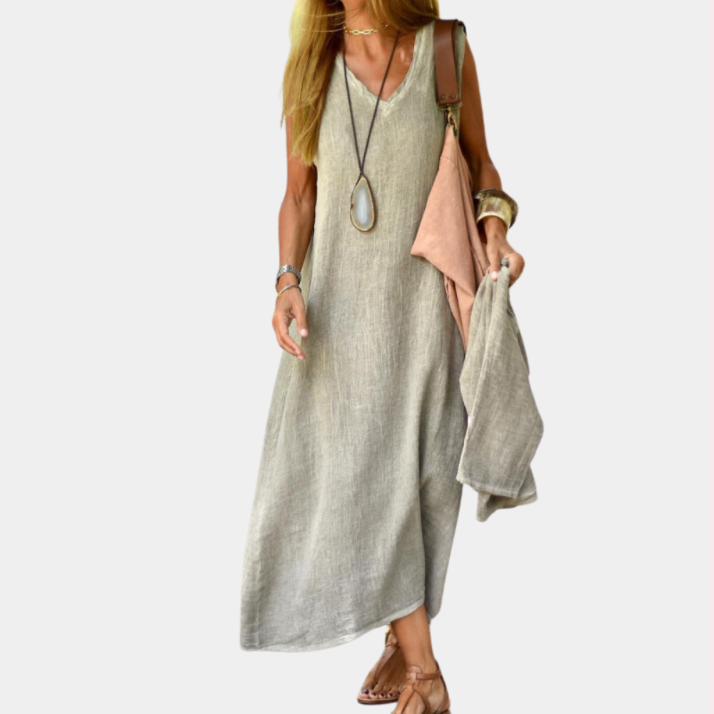 Linen V-Neck Maxi Dress Casual Summer Long Dress - Product detail 10
