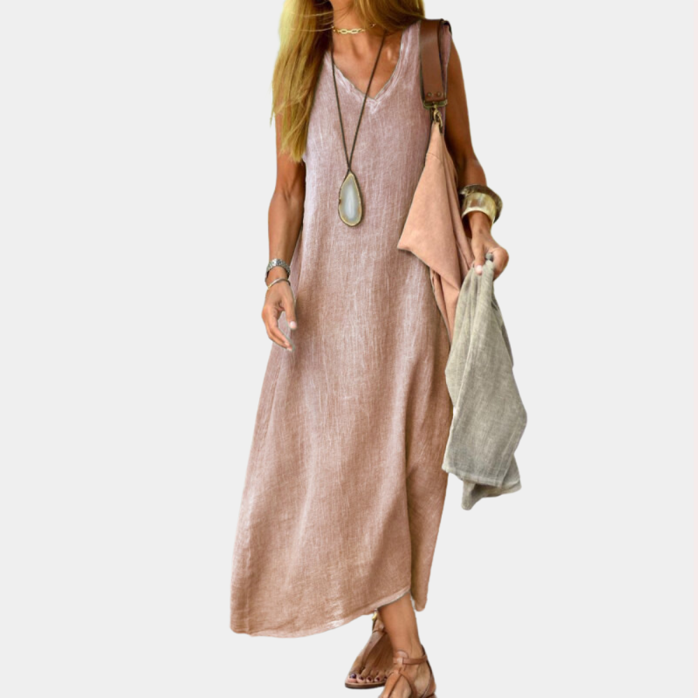 Linen V-Neck Maxi Dress Casual Summer Long Dress - Product showcase