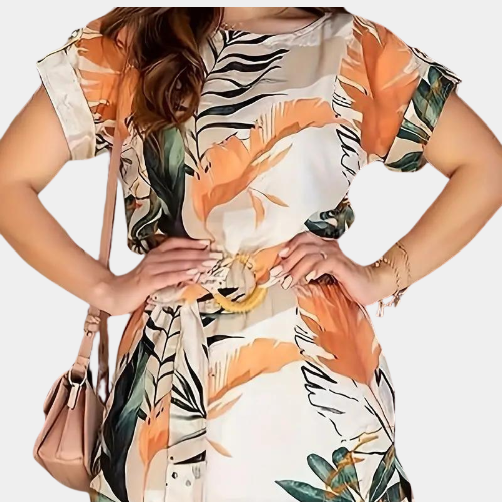 Tropical Maxi Dress Botanical Orange and Green Print - Product example