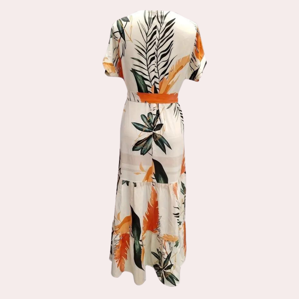 Tropical Maxi Dress Botanical Orange and Green Print - Detailed view