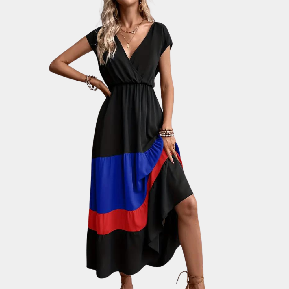 Casual Maxi Dress Navy Color Block V-Neck Design - Detailed view