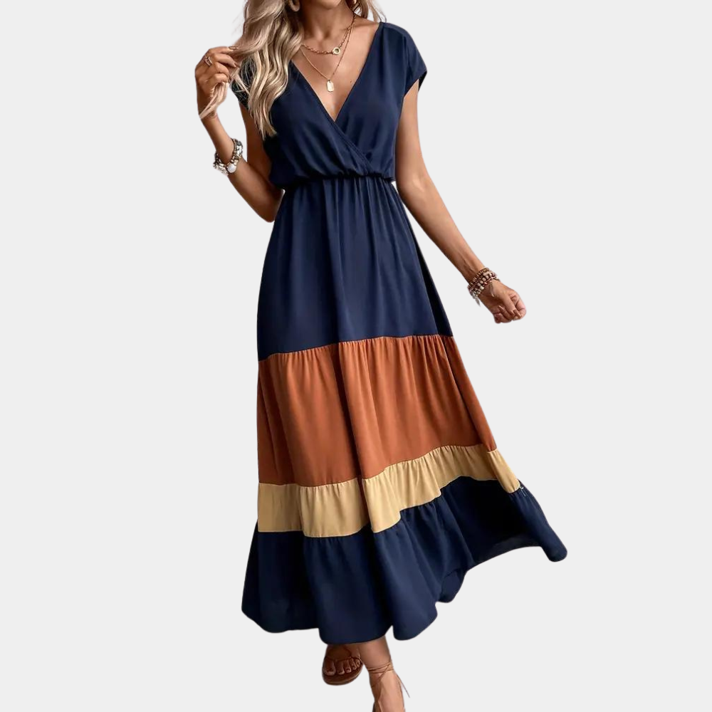 Casual Maxi Dress Navy Color Block V-Neck Design - Product detail 4