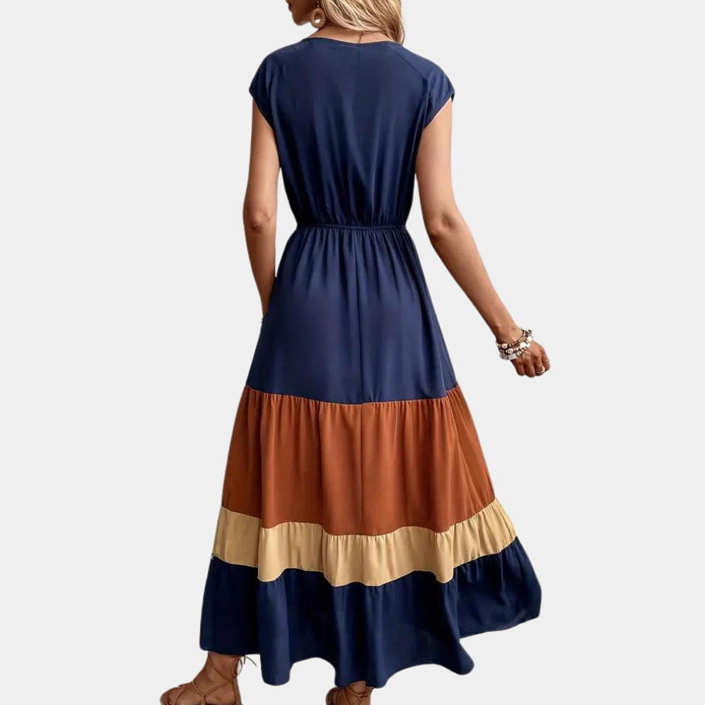 Casual Maxi Dress Navy Color Block V-Neck Design - Product example