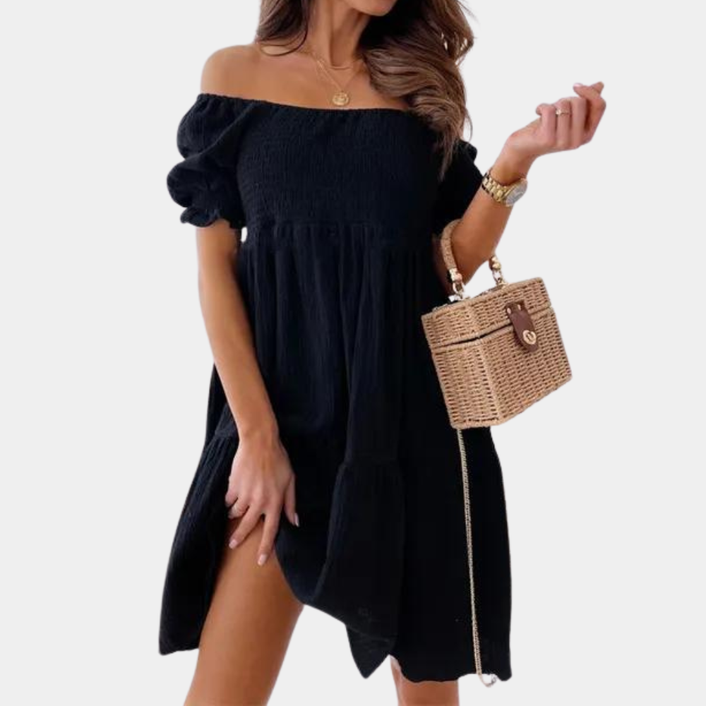 Cotton Off Shoulder Dress Puff Sleeve Empire Waist Design - Product showcase