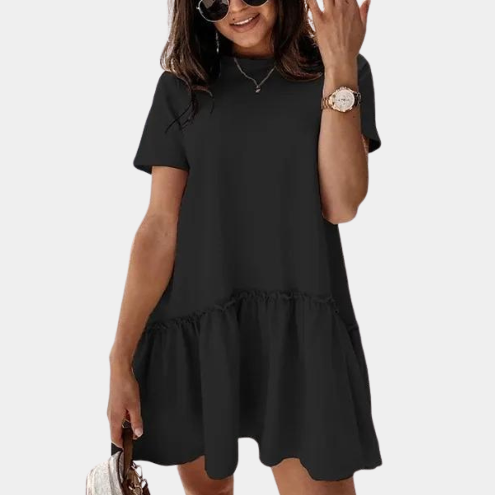 Cotton Mini Dress Ruffle Hem Short Sleeve Design - Product showcase