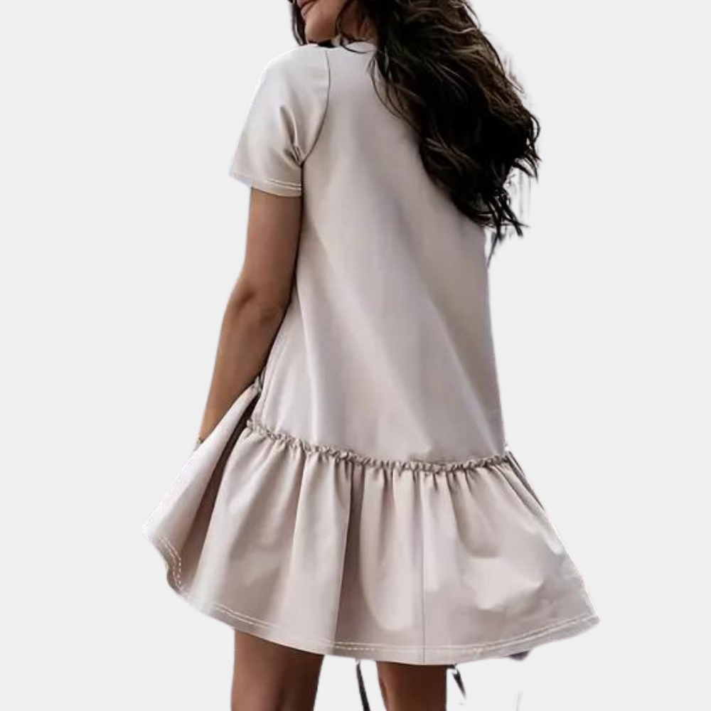 Cotton Mini Dress Ruffle Hem Short Sleeve Design - Detailed view