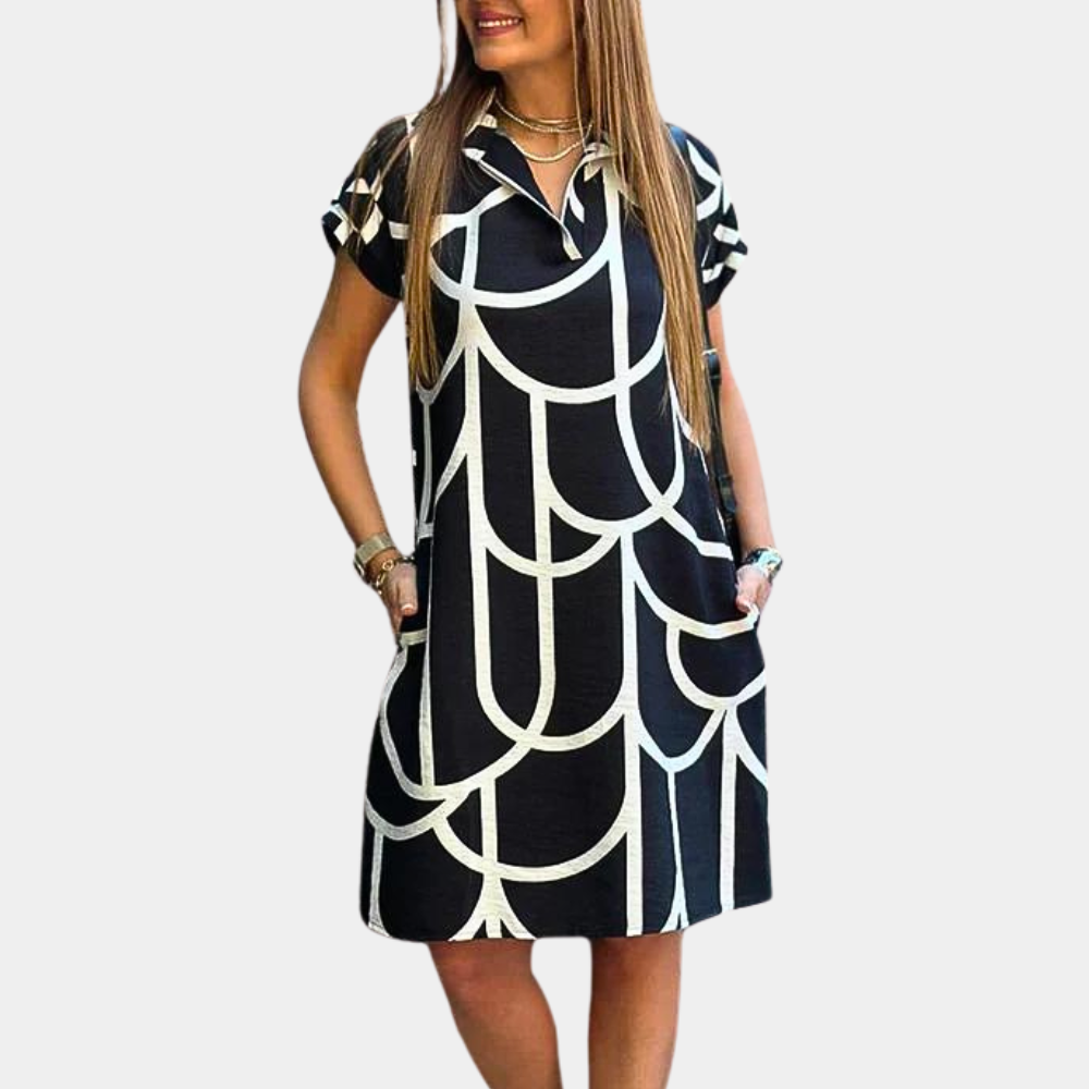 Art Deco Midi Dress Geometric Pattern Black White - Product showcase