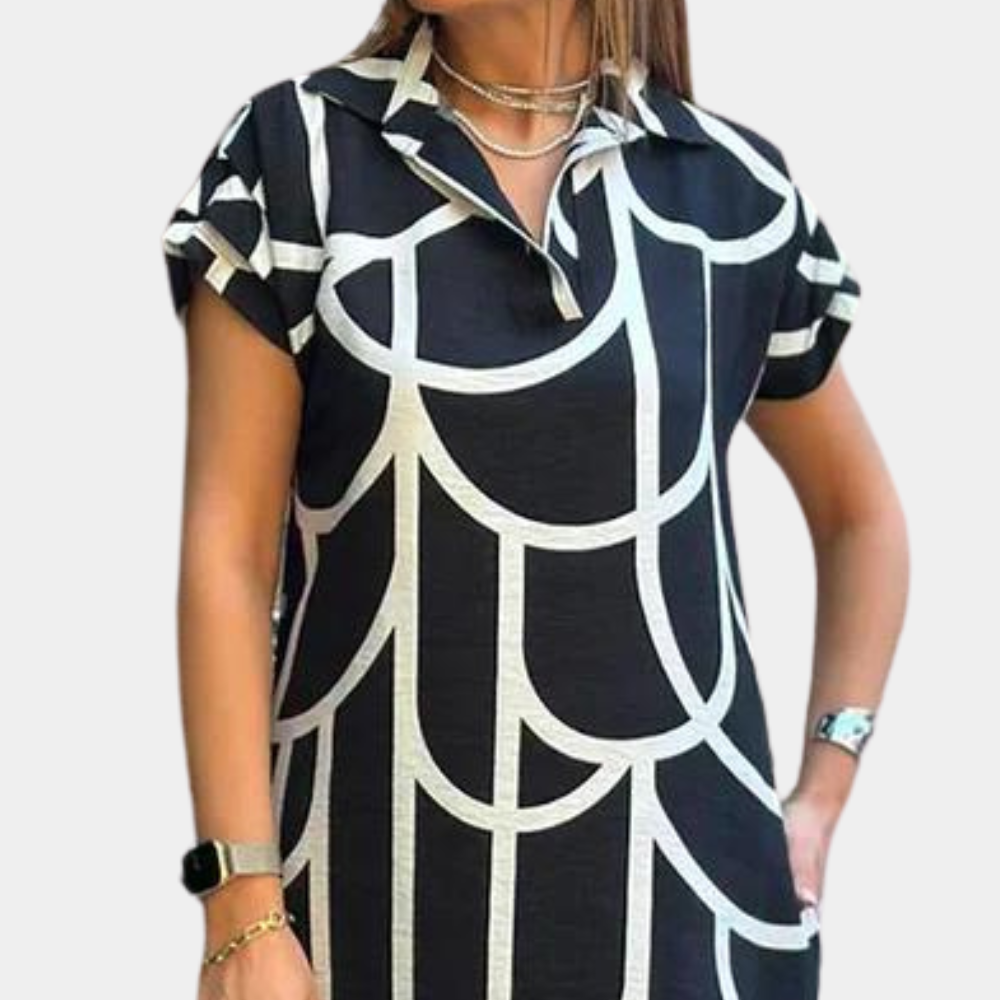 Art Deco Midi Dress Geometric Pattern Black White - Detailed view