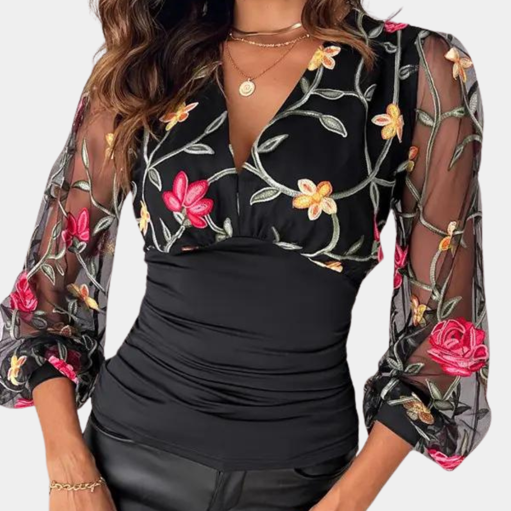 Floral Embroidered Blouse Black Mesh Sleeve Design - Detailed view