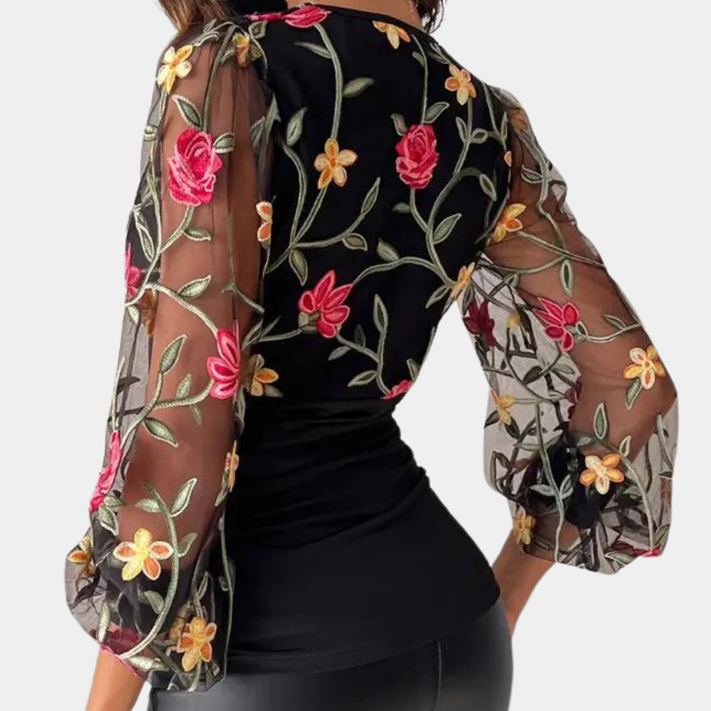 Floral Embroidered Blouse Black Mesh Sleeve Design - Product example