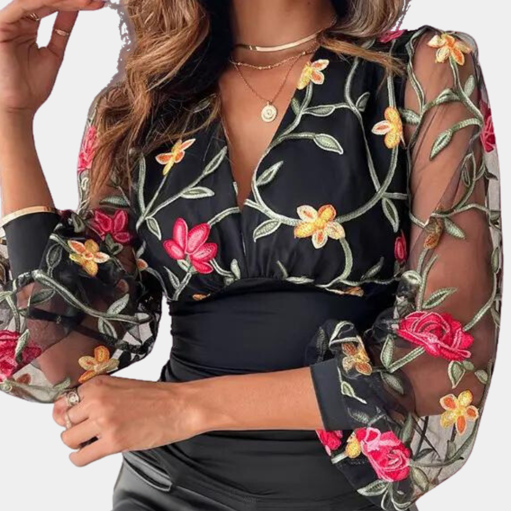Floral Embroidered Blouse Black Mesh Sleeve Design - Product detail 4