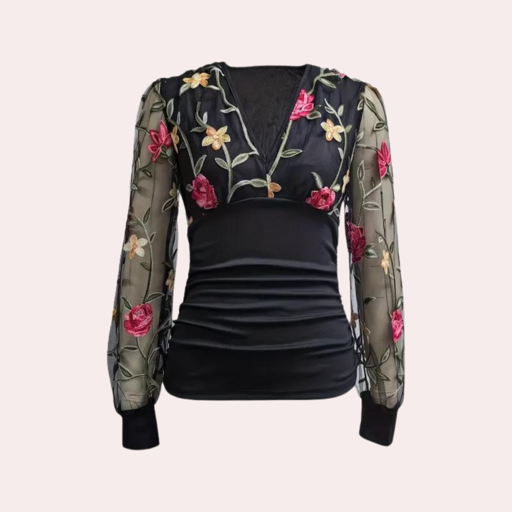Floral Embroidered Blouse Black Mesh Sleeve Design - Product showcase