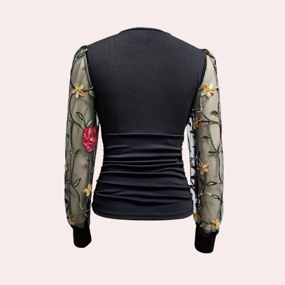 Floral Embroidered Blouse Black Mesh Sleeve Design - Product detail 5