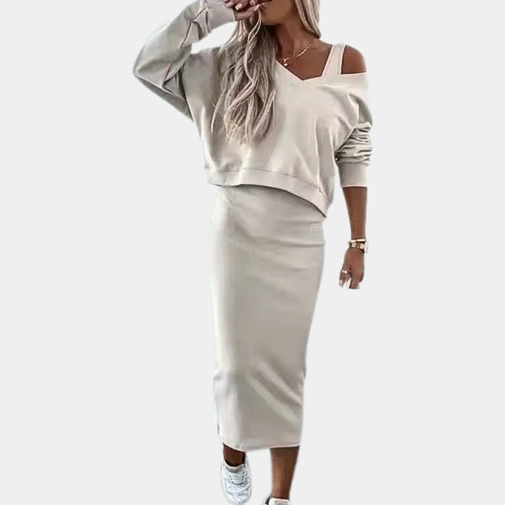 Cotton Knit Two-Piece Set V-Neck Sweater Midi Skirt - Product detail 8