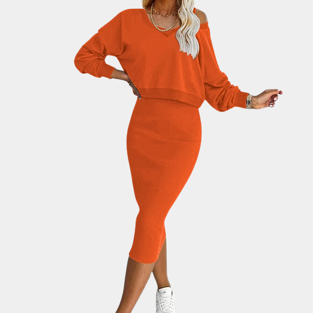 Cotton Knit Two-Piece Set V-Neck Sweater Midi Skirt - Product detail 7