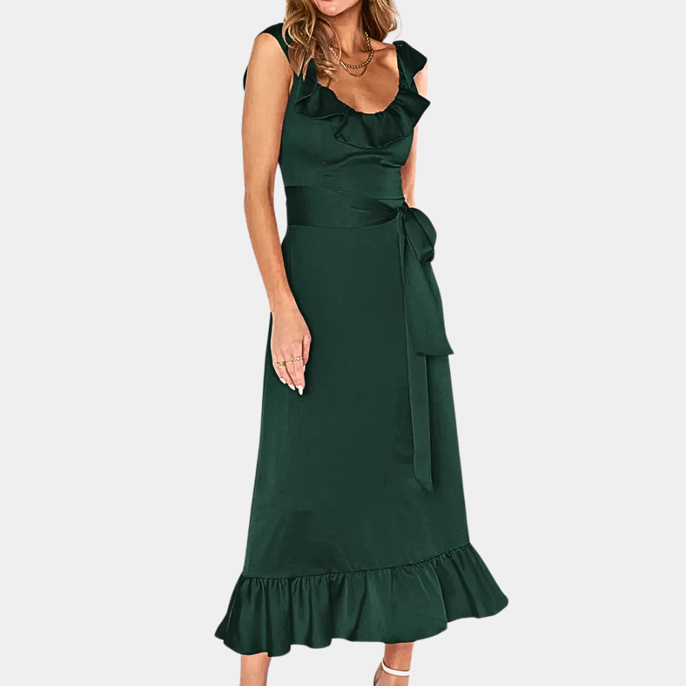 Elegant Summer Maxi Dress Ruffle Trim Satin Design - Product showcase