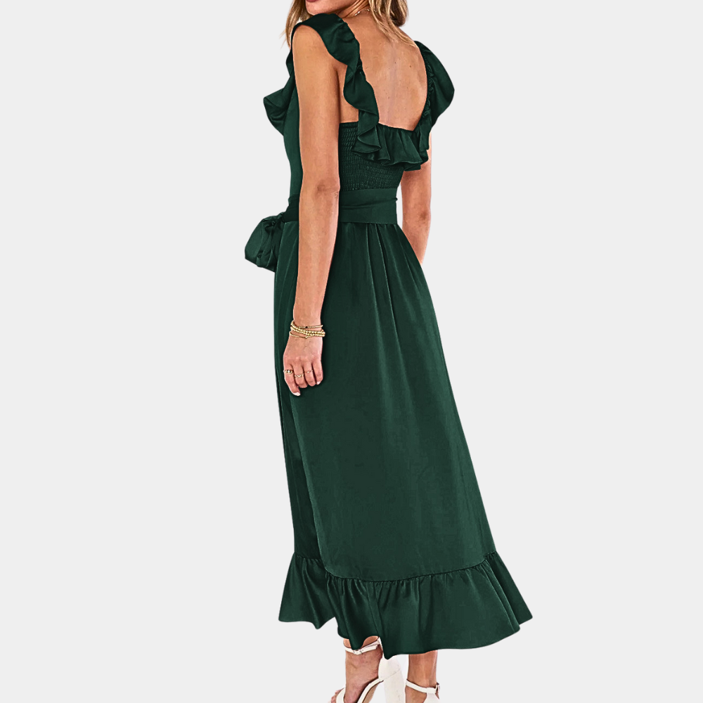Elegant Summer Maxi Dress Ruffle Trim Satin Design - Detailed view