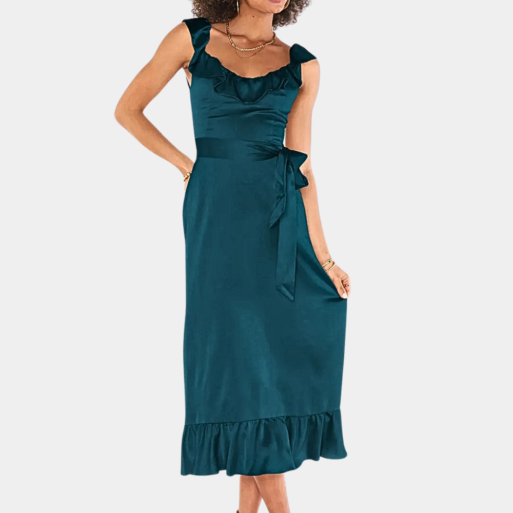 Elegant Summer Maxi Dress Ruffle Trim Satin Design - Product detail 5