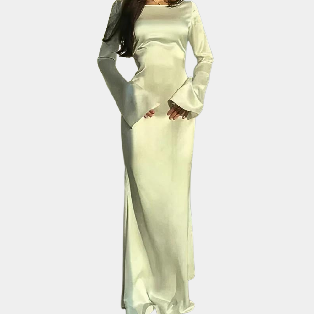 Satin Evening Maxi Dress Bell Sleeve Design - Product showcase