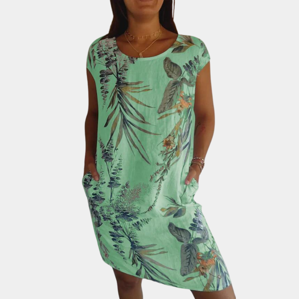 Tropical Print Summer Dress Yellow Floral Leaf Pattern - Product detail 4