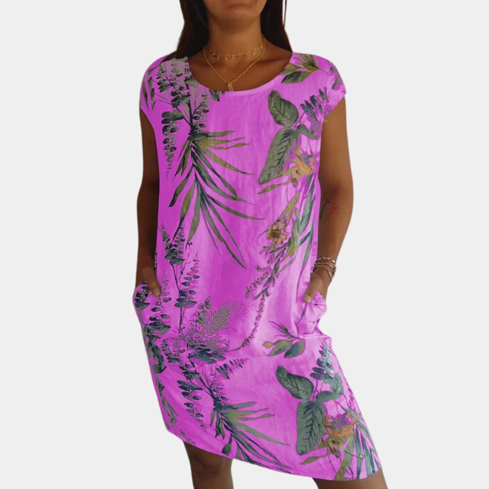 Tropical Print Summer Dress Yellow Floral Leaf Pattern - Product example