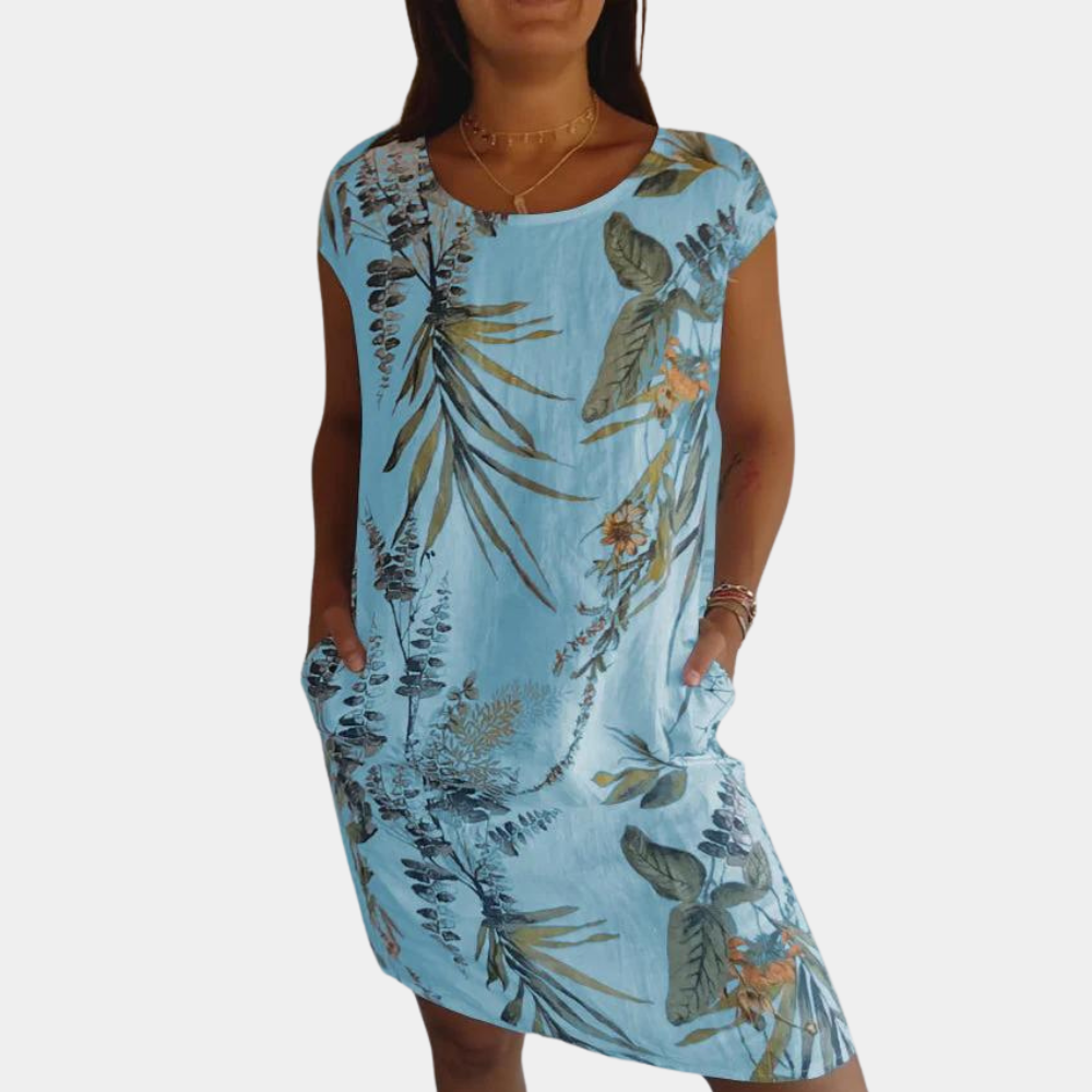 Tropical Print Summer Dress Yellow Floral Leaf Pattern - Product detail 5