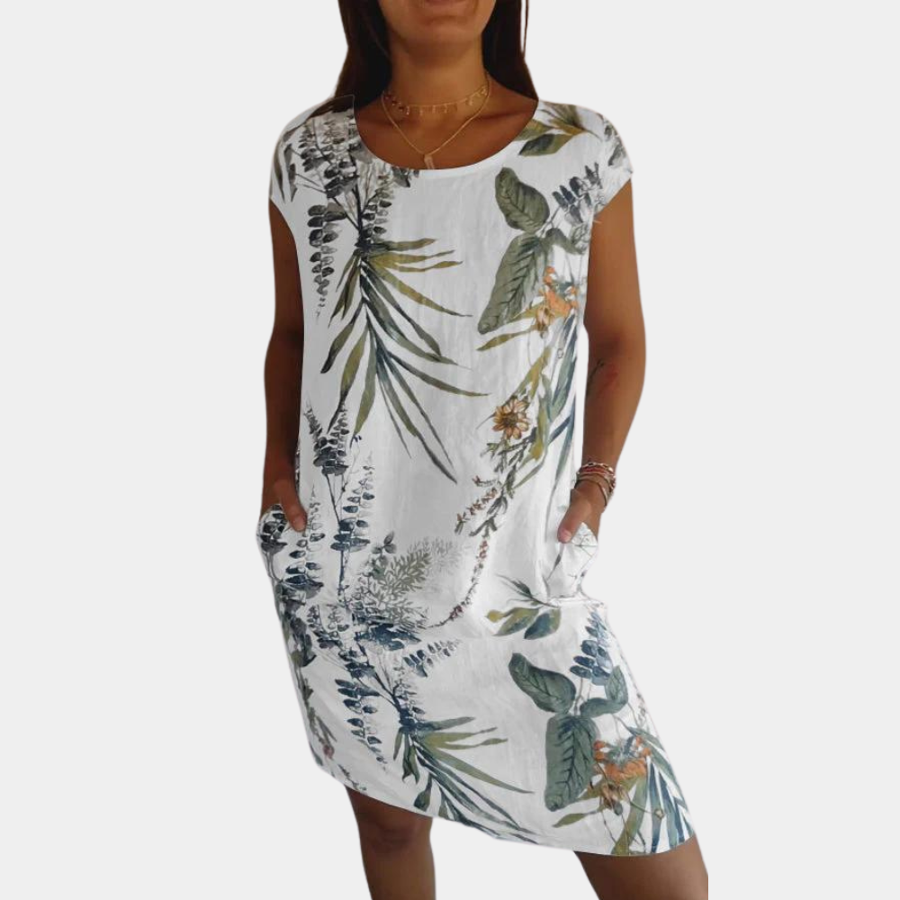 Tropical Print Summer Dress Yellow Floral Leaf Pattern - Detailed view
