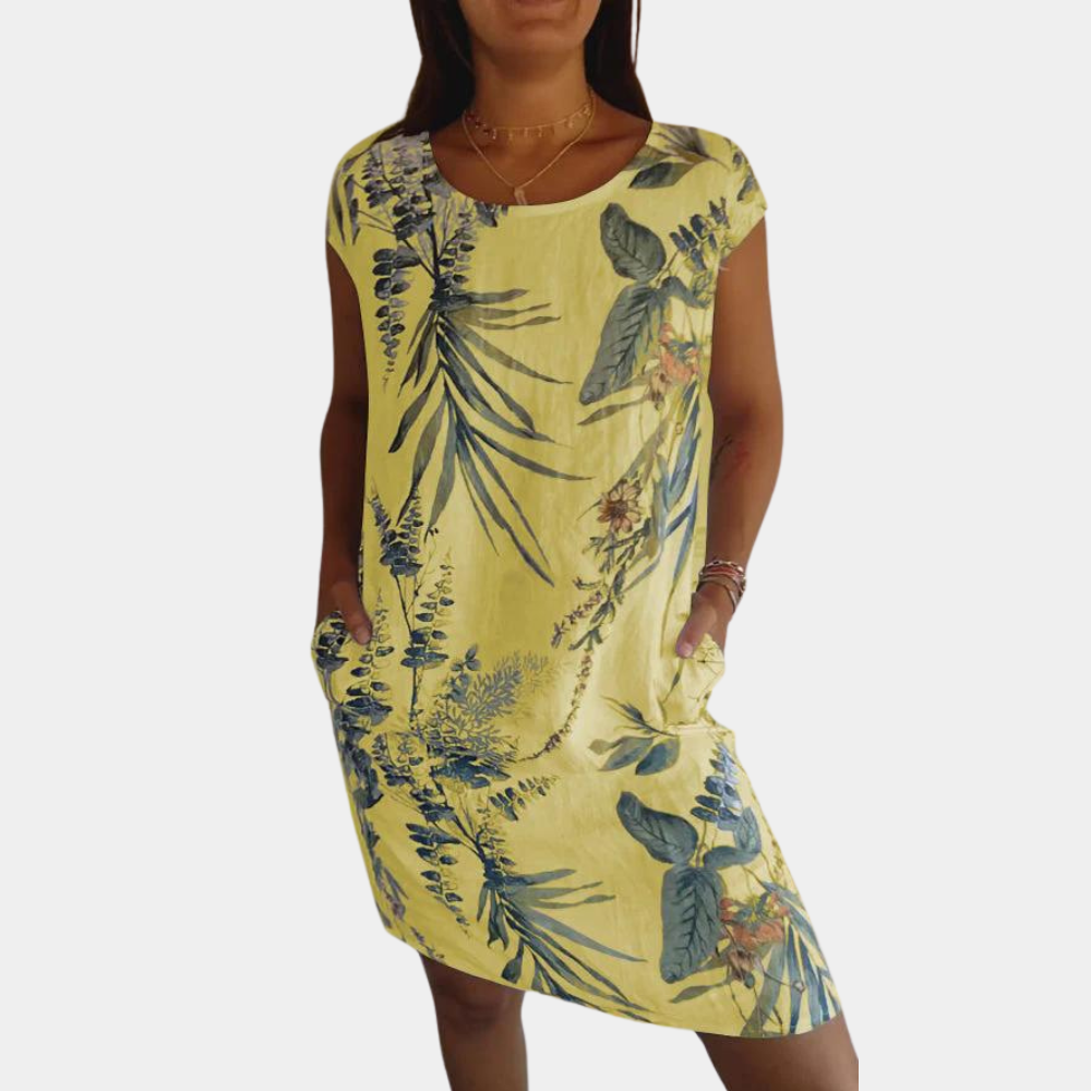 Tropical Print Summer Dress Yellow Floral Leaf Pattern - Product showcase