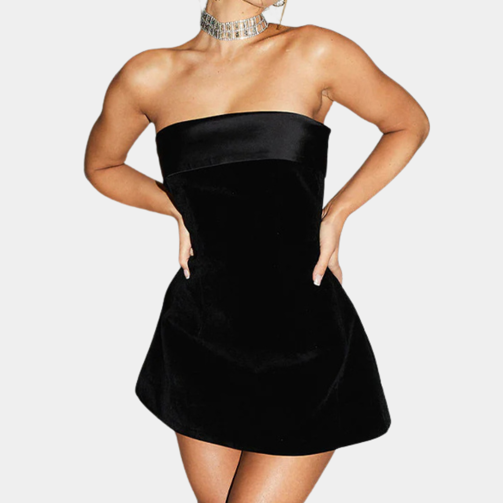 Strapless Velvet Mini Dress Structured A-Line Design - Product showcase