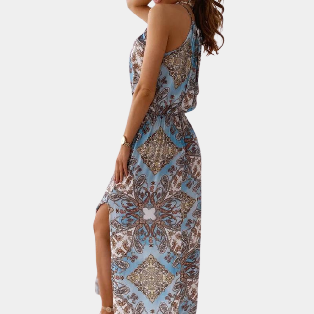 Floral Halter Maxi Dress Blue Paisley Summer Pattern - Detailed view